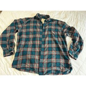 St Johns Bay Mens XL Super Soft Flannel Shirt Teal Grey Red Plaid Button Down